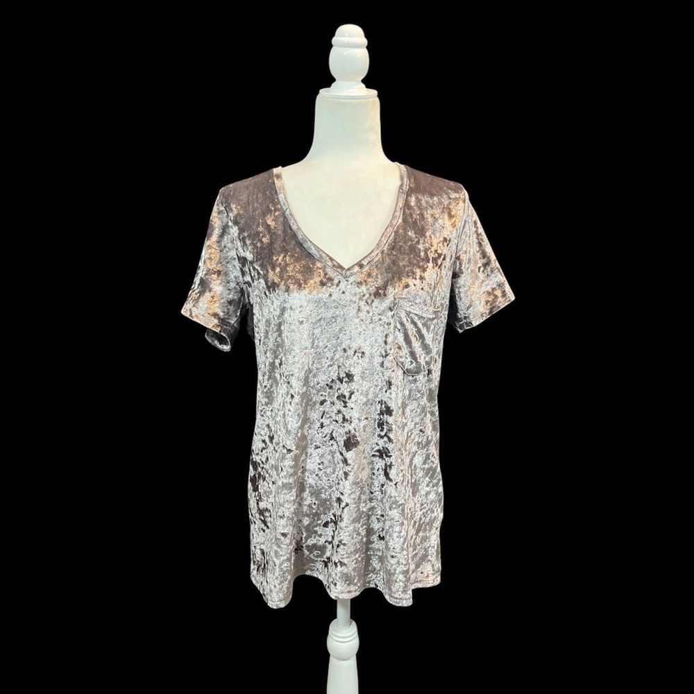 POL Dark Romantic Velvet V-Neck Top Medium Mauve Crushed Short Sleeve Grunge